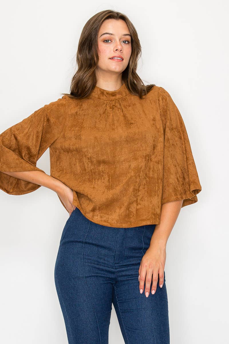 LoveWednesday - Wholesale Blouse - Women's - Bell sleeve camel suede top  - LWT1802 6