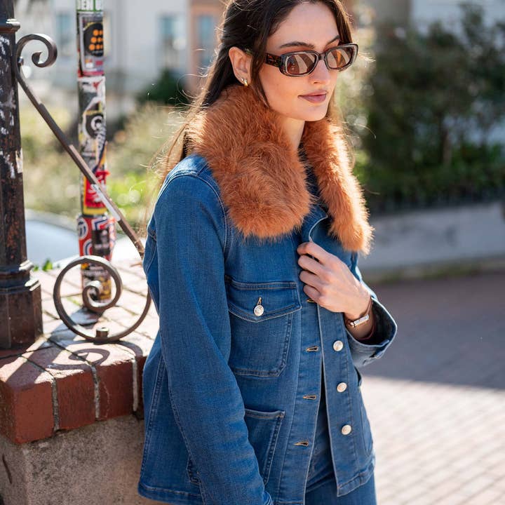 Camel Navy Cozy Cabin Faux Fur Collar for wholesale on Faire2