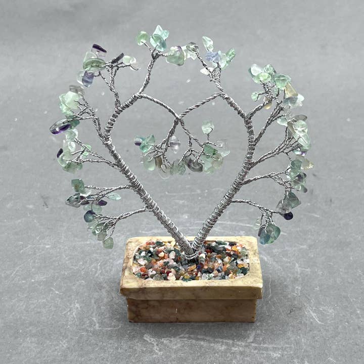Fluorite Chip Heart Tree with Soapstone Base and Silver Wire for wholesale by Crystal River Gems LLC