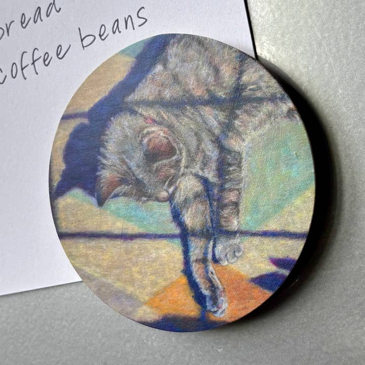 Art Magnet, 3" Circle, Wood, Cat in Sunbeam for wholesale by Mary Pow Designs