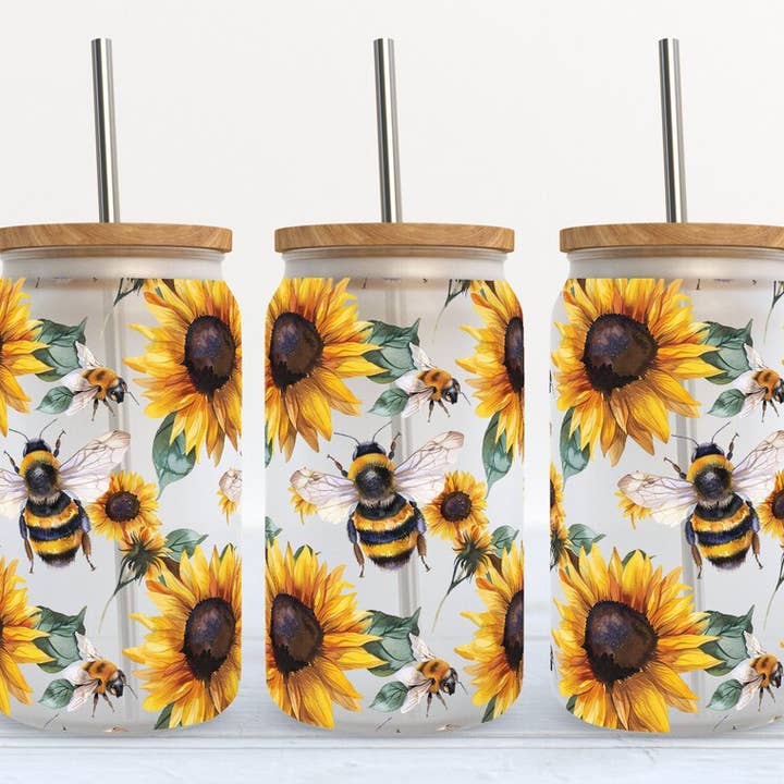 Kate Haven Sublimation - Wholesale Drinking Glass/Cup - Sunflower and Bees 16oz Frosted Libbey Glass Tumbler