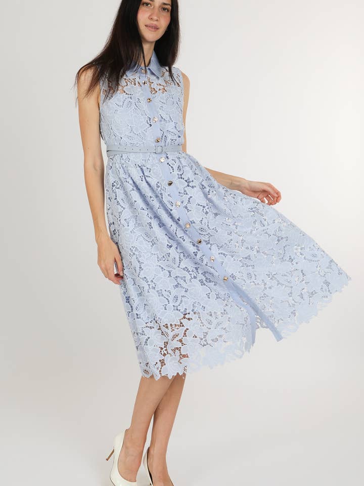 Embellished Floral Lace Net Midi Shirt Dress QC3393 for wholesale by Beulah Style