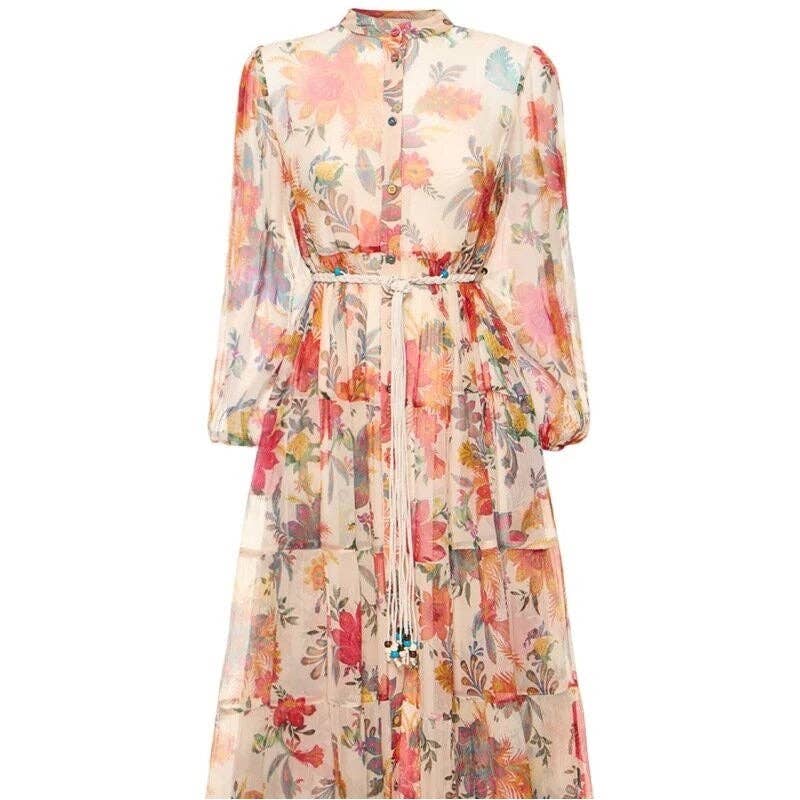 PRINTING Stylish Tie-Waist Dress With Long Sleeves And Printed Design for wholesale on Faire2