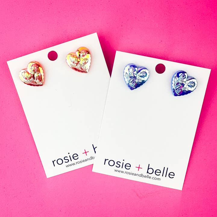 Iridescent Heart Vintage Button Earrings for wholesale by rosie + belle