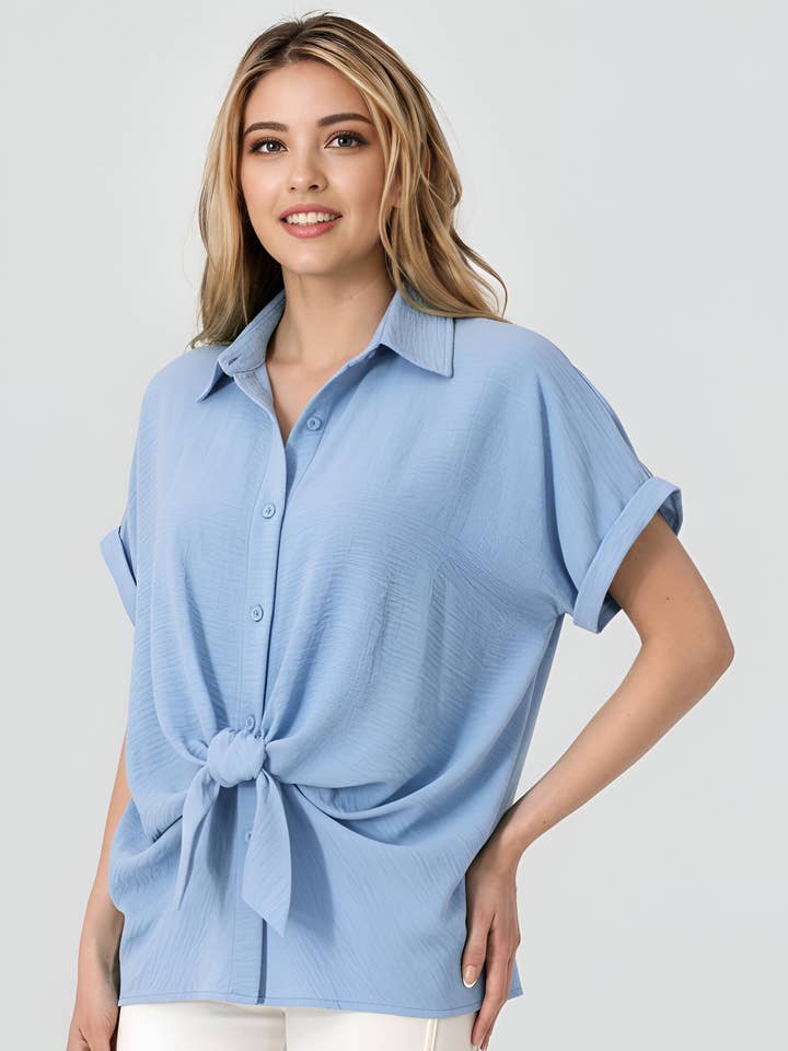 MBT 9930 Short Sleeve Button Down Tie Front Top Lt Blue for wholesale by Pixi + Ivy