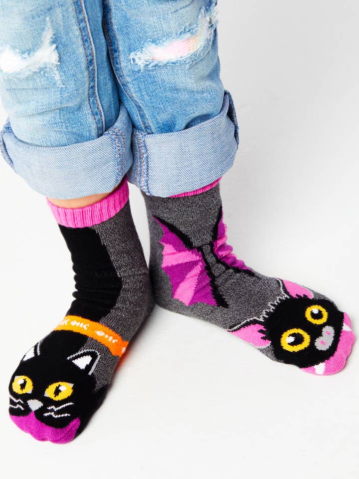 Bat & Black Cat Fun Non-Slip Goth Socks for Little Kids for wholesale by Pals Socks