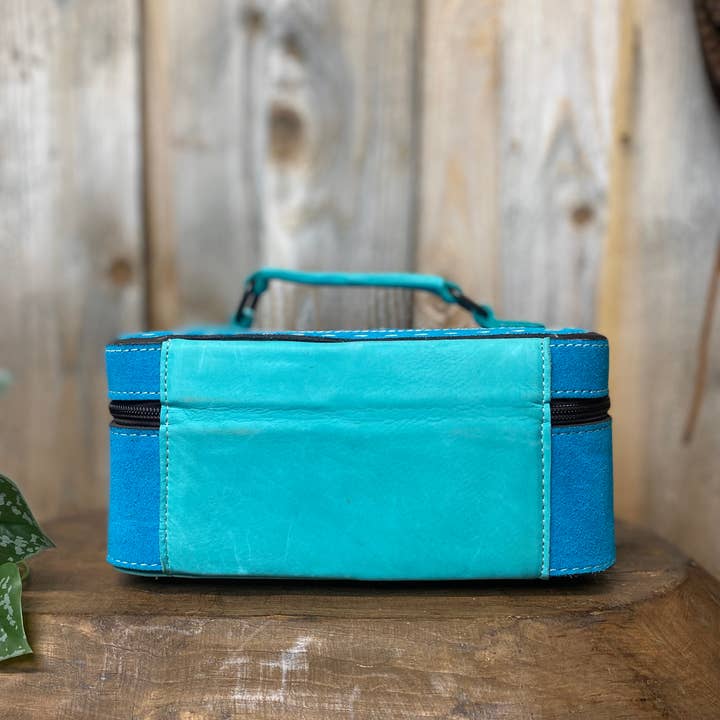 Western Linens - Wholesale Jewelry Box/Organizer - Turquoise BootStitch Suede Leather & Tooled Jewelry Box
