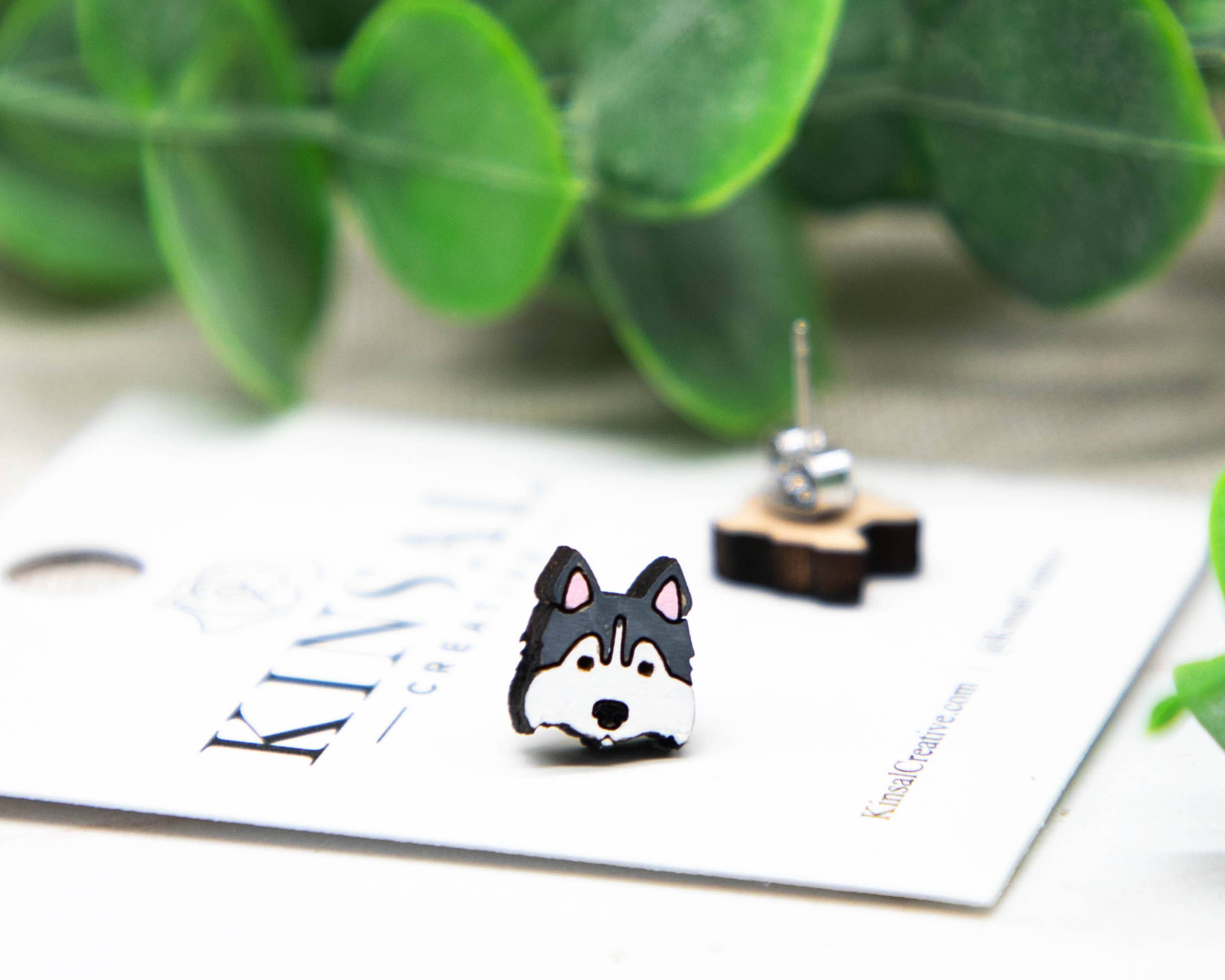 Kinsal Creative - Wholesale Stud/Post Earrings - Siberian Husky Dog Wood Stud Earrings1