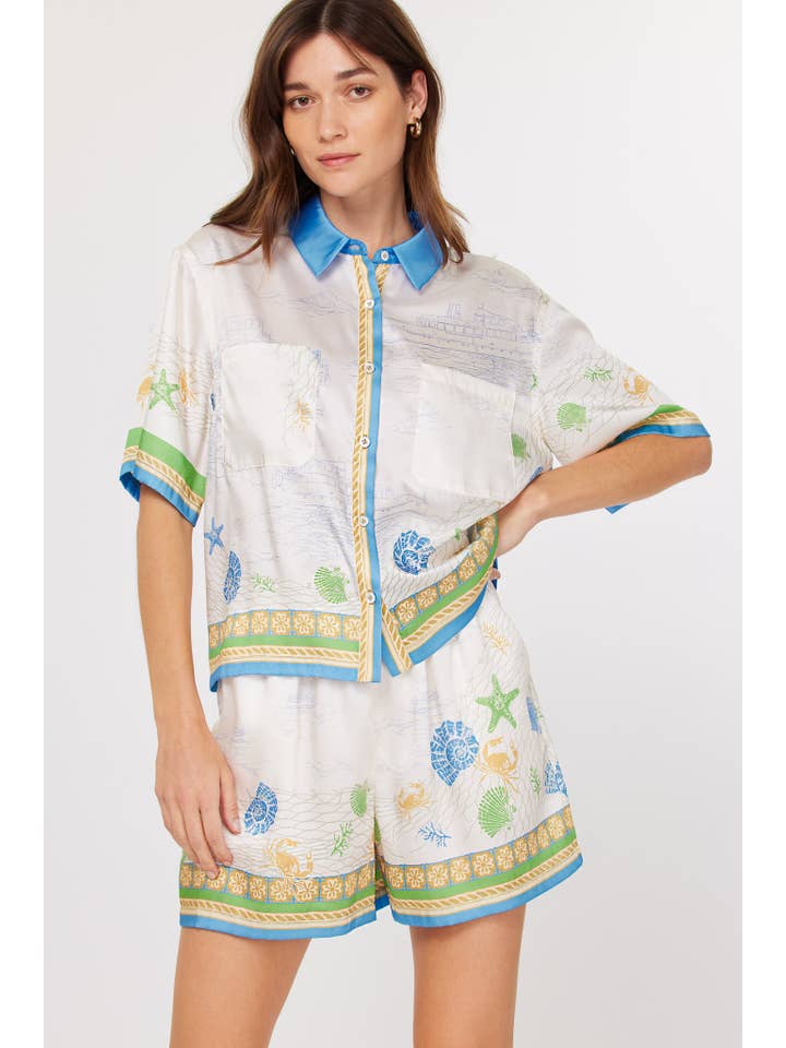 Blue Mlt Bordered Coastal Print Button Front Top for wholesale on Faire