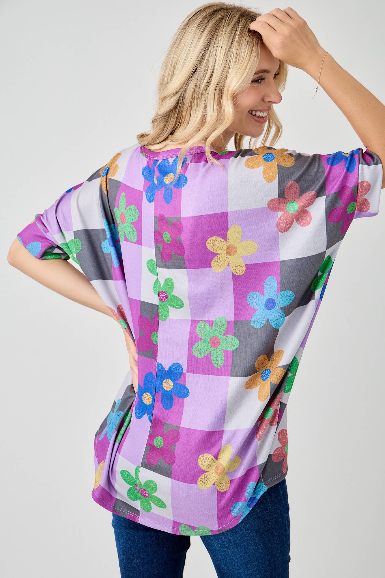 Celeste Clothing - Wholesale Tunic - Women's - WOMEN'S PLUS SIZE CHECKERED FLORAL TOP WITH HIGH-LOW HEM  
15