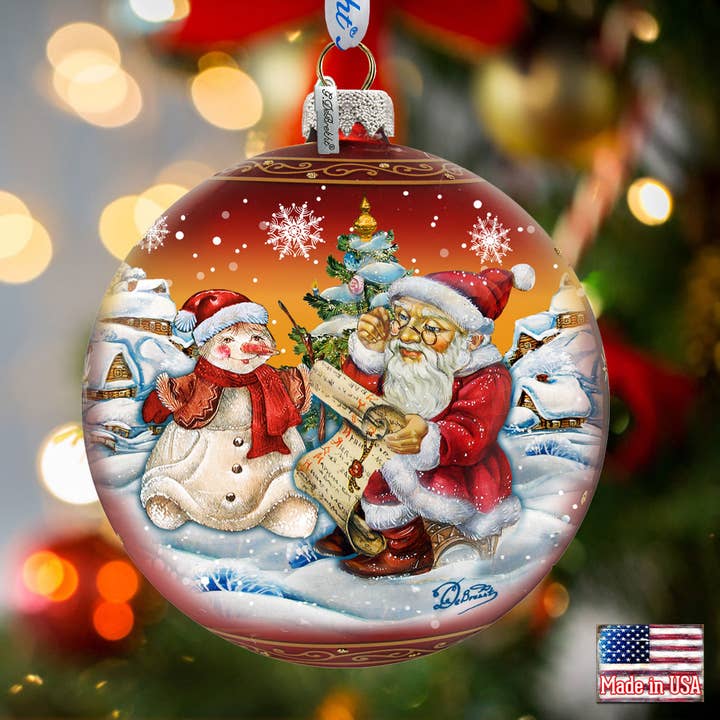 Vintage Santa List glazen orn, handbeschilderd LE van G.DeBrekht voor wholesale door G.DeBrekht Artistic Studios