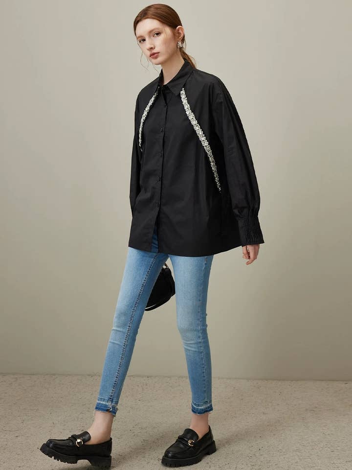 Cotton Shirt with Rhinestone Stripes 8559 for wholesale by ARTFLOW