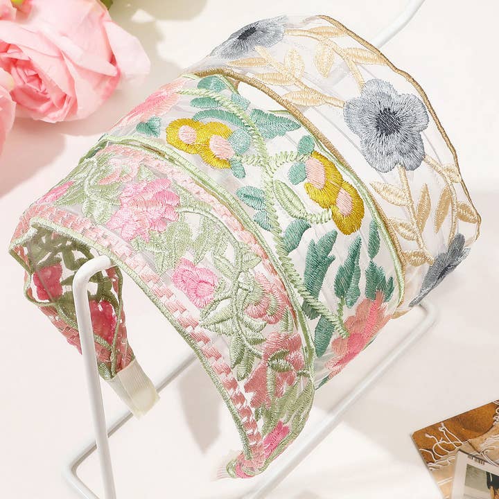 ACCITY - Wholesale Fashion Headband - Women's - MESH EMBROIDERED FLOWER HEADBAND_CWAHA16513