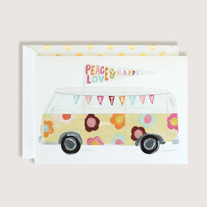VW Flowers Bus Peace Love Happy Birthday Greeting Card for wholesale by The First Snow