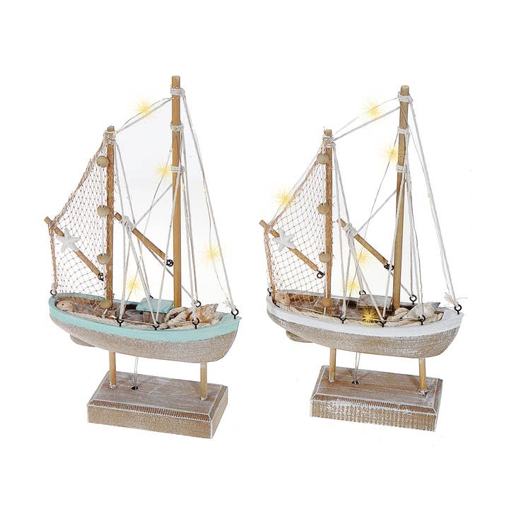 Pequeño velero decorativo de madera con luces LED a rayas azules y blancas para venta al por mayor de IH Casa Decor