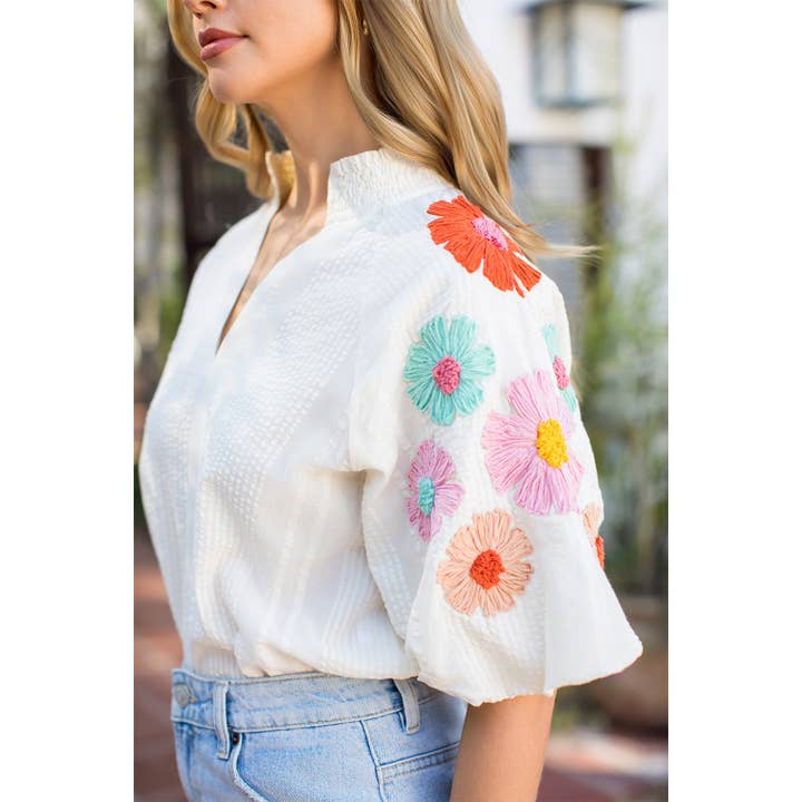 CREAM Flower Embroidered Puff Sleeve Textured Top for wholesale on Faire