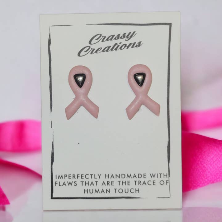 In October We Wear Pink - Breast Cancer Ribbon Stud Earrings for wholesale by Crassy Creations