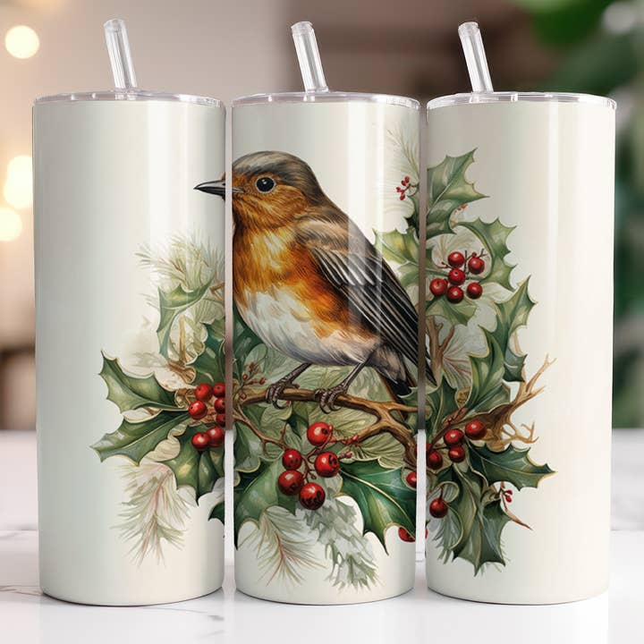 Christmas Robin & Holly 20oz Skinny Tumbler for wholesale by Dogwood Graphics & Design