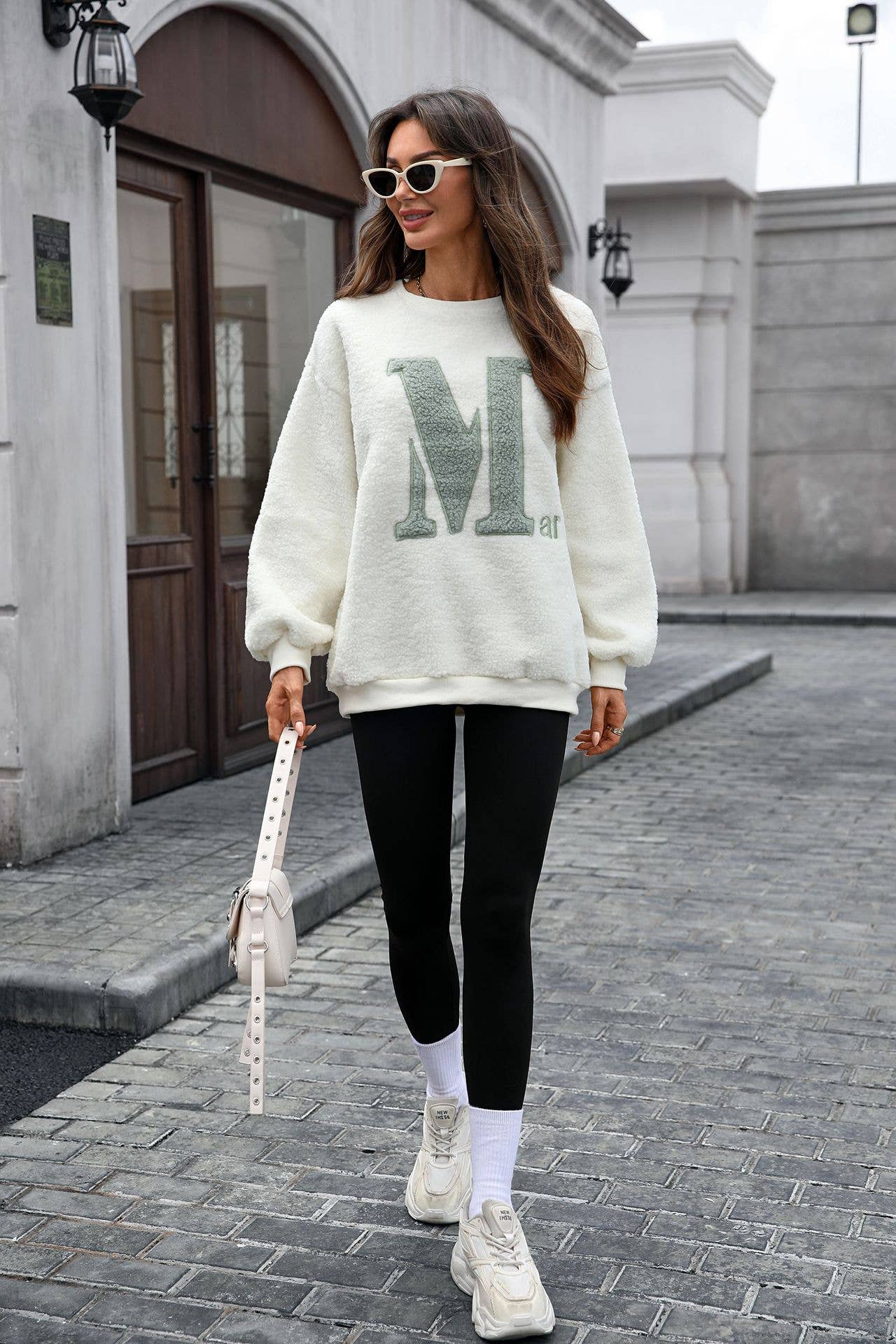 BEIGE Loose fleece with letter-embroidered sweatshirt for wholesale on Faire3