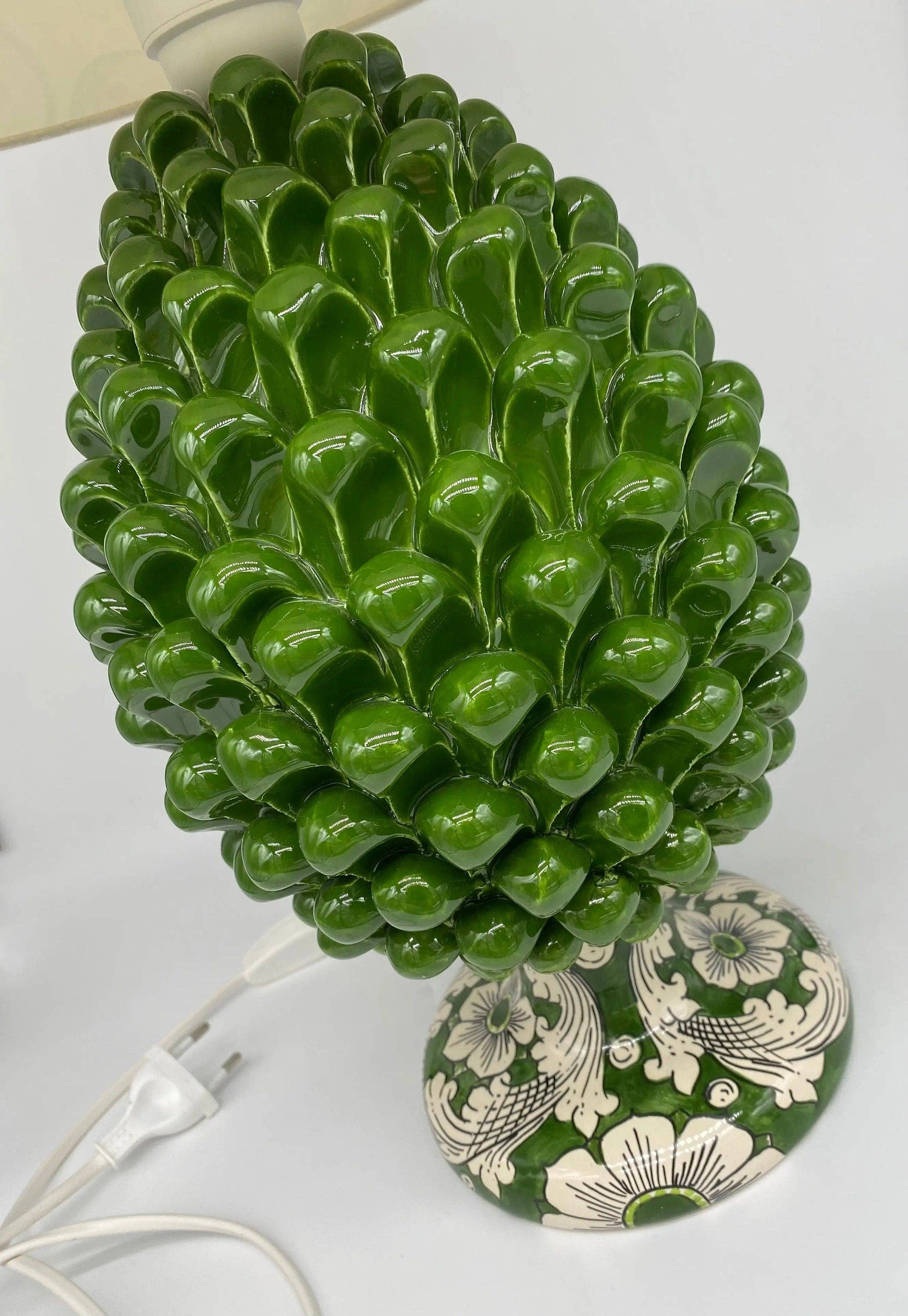 DD Ceramiche Siciliane - Wholesale Accent/Desk Lamp - Caltagirone Ceramic Pine Cone Lamp cm H.30 Handcrafted Olive Green Decorated Base4