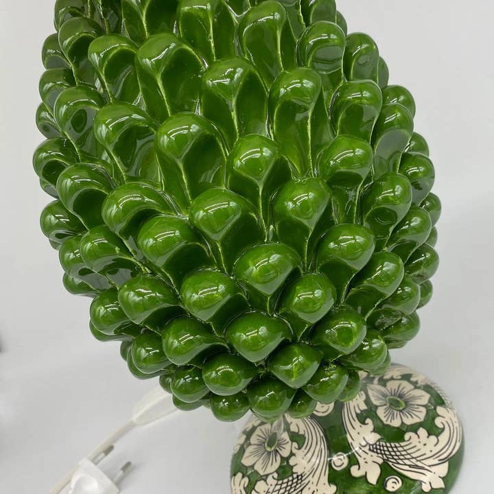 DD Ceramiche Siciliane - Wholesale Accent/Desk Lamp - Caltagirone Ceramic Pine Cone Lamp cm H.30 Handcrafted Olive Green Decorated Base4