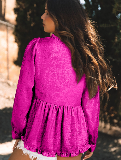 Lovesoft – wholesale Blus - Dam – Guld Metallic Volangerad V-ringad puffärm Babydoll-blus4