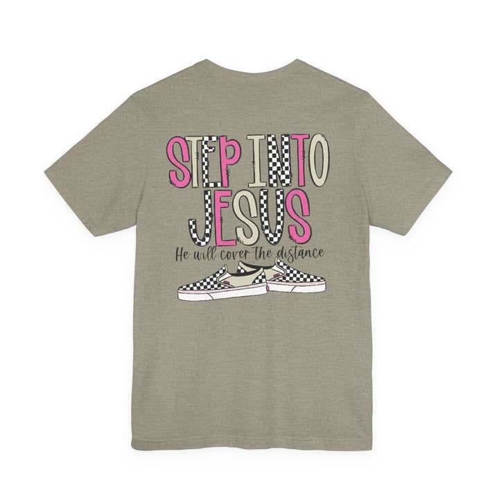 Step Into Jesus Checkered Sneakers Faith Women's Graphic T-Shirt for wholesale by Grassy Creek Designs