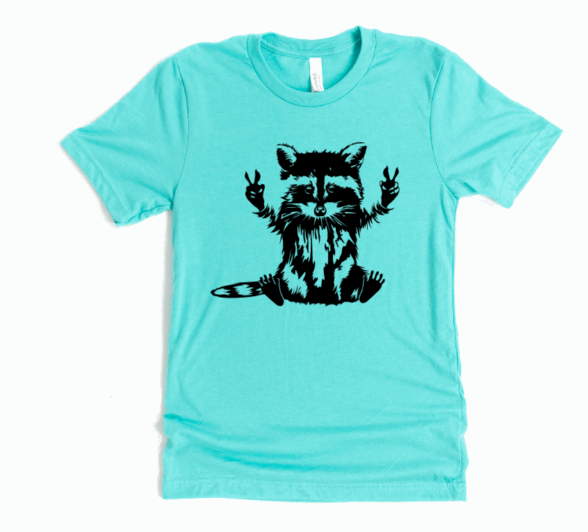 Tron Tron Graphic Wear – wholesale Screen printed t-shirt – Women′s – Peace Loving Raccoon Tee 7
