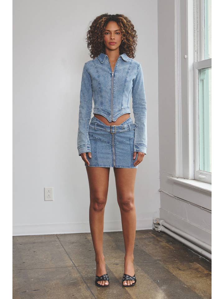 Washed effect denim belted mini skirt for wholesale on Faire1