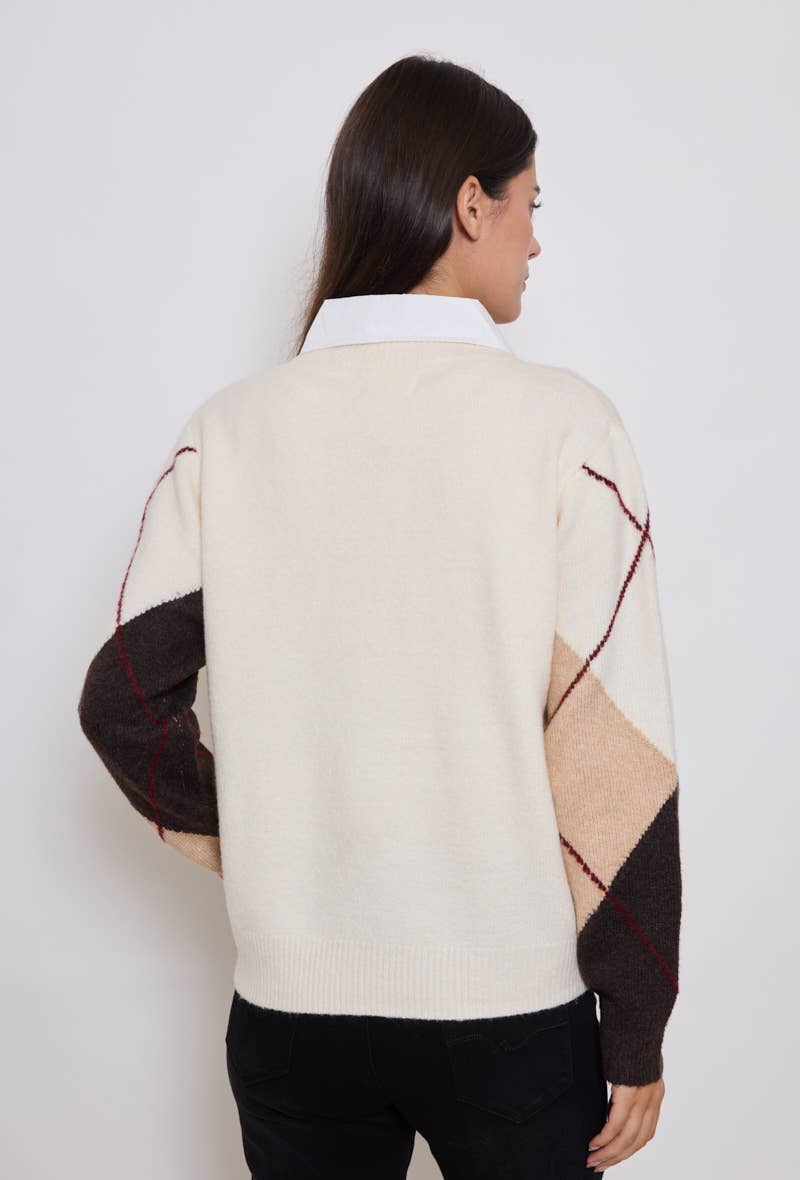 KY CREATION PARIS – wholesale Knitted jumper – Women′s – Diamond-patterned sweater with integrated shirt collar2