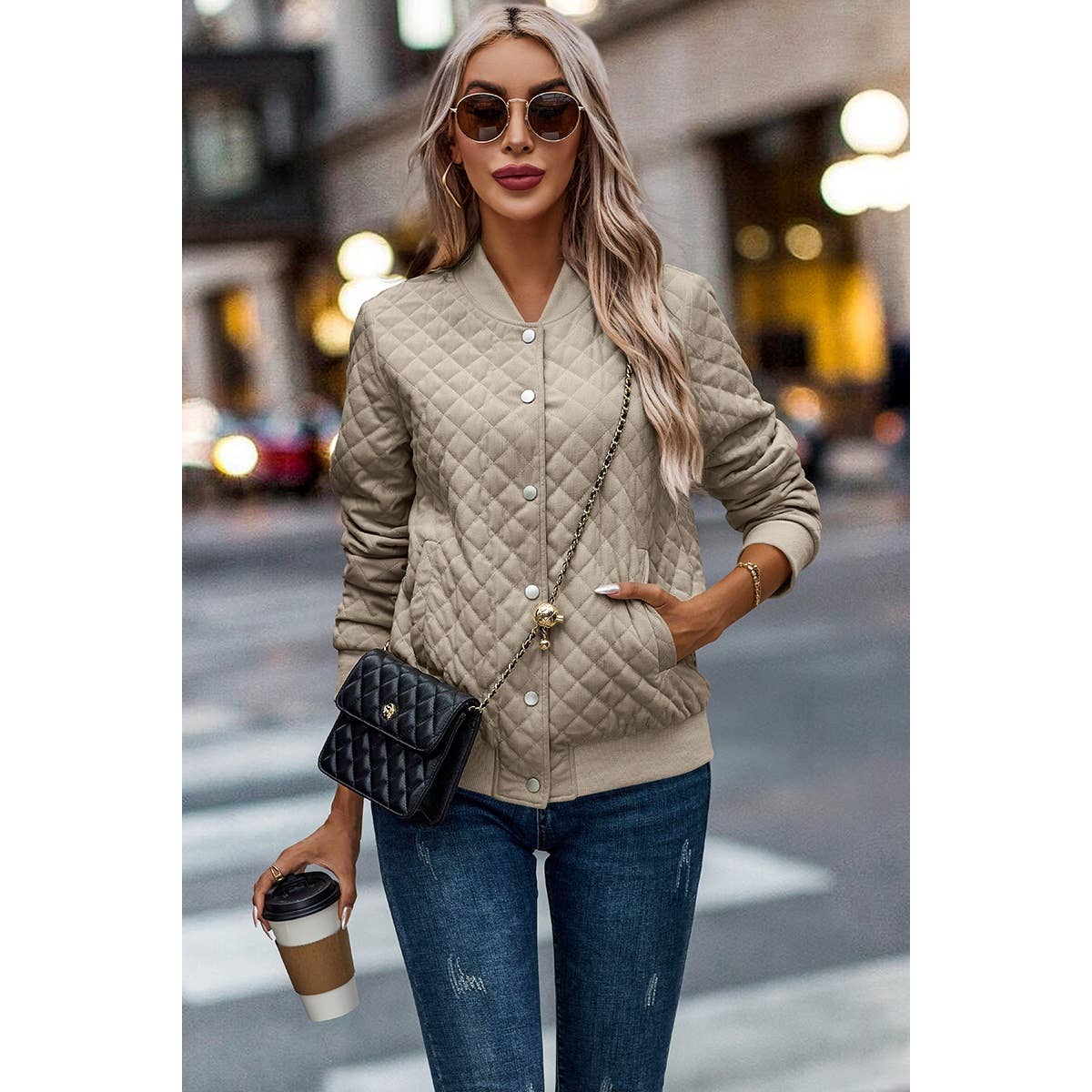 Supreme Fashion – wholesale Bomber jacket – Women’s – Solid Plaid Stitch Pockets Bomber Jacket5