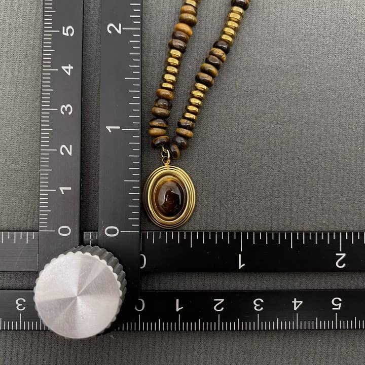 Mio Queena - Wholesale Pendant/Charm Necklace - 18K Golden S.Steel Tiger's Eye Stone Beaded Necklace - FGS/CS5