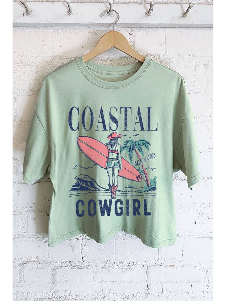 Rustee Clothing – wholesale Screen printed t-shirt – Women′s – COASTAL COWGIRL BEACH CLUB GRAPHIC LONG CROP TOP