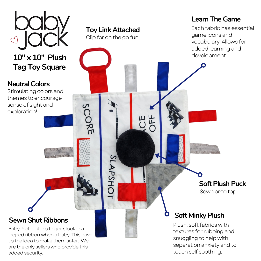 Baby Jack and Company - Wholesale Security/Cuddle Blanket - Baby - Hockey Puck Baby Learning Lovey Tag Stroller Toy 10" x 10"4