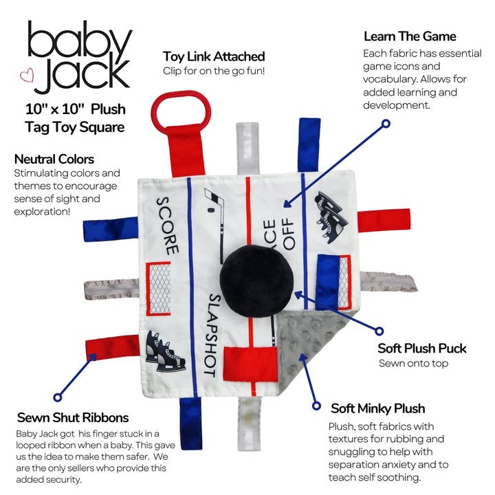 Baby Jack and Company - Wholesale Security/Cuddle Blanket - Baby - Hockey Puck Baby Learning Lovey Tag Stroller Toy 10" x 10"4