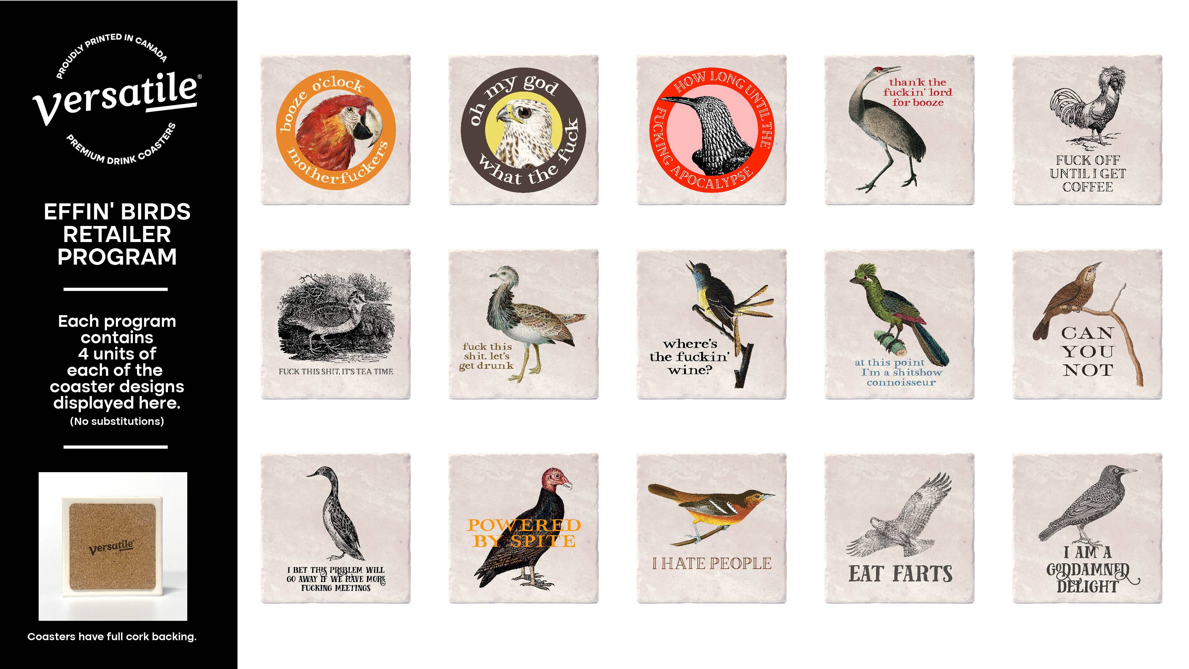 Versatile Coasters Canada - Wholesale Coasters - Effin' Birds Retailer Coaster Program - Includes Display!4