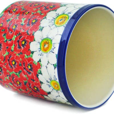 Utensil Jar 6" Sweet Red Petals Theme UNIKAT for wholesale by Polmedia Polish Pottery