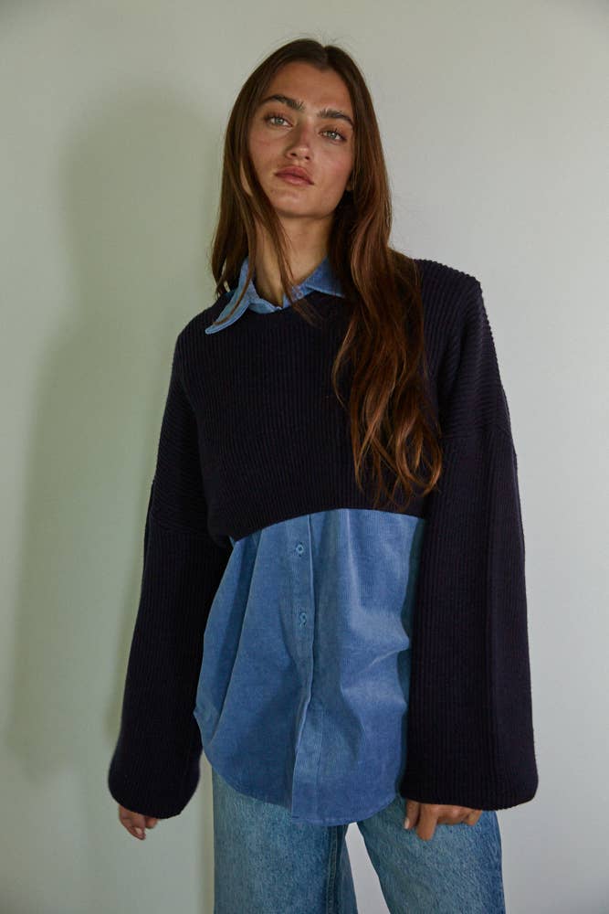 Blu Navy L7422 | Maglione abbottonato con colletto in velluto a coste in cotone intrecciato in vendita all'ingrosso su Faire1