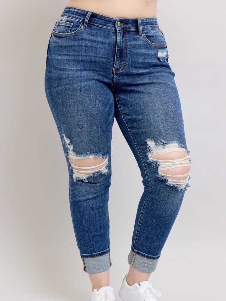 MR BF Fit w/Destroy, Yoke PK & Faux Selvedge Cuff - PLUS for wholesale by Judy Blue Jeans