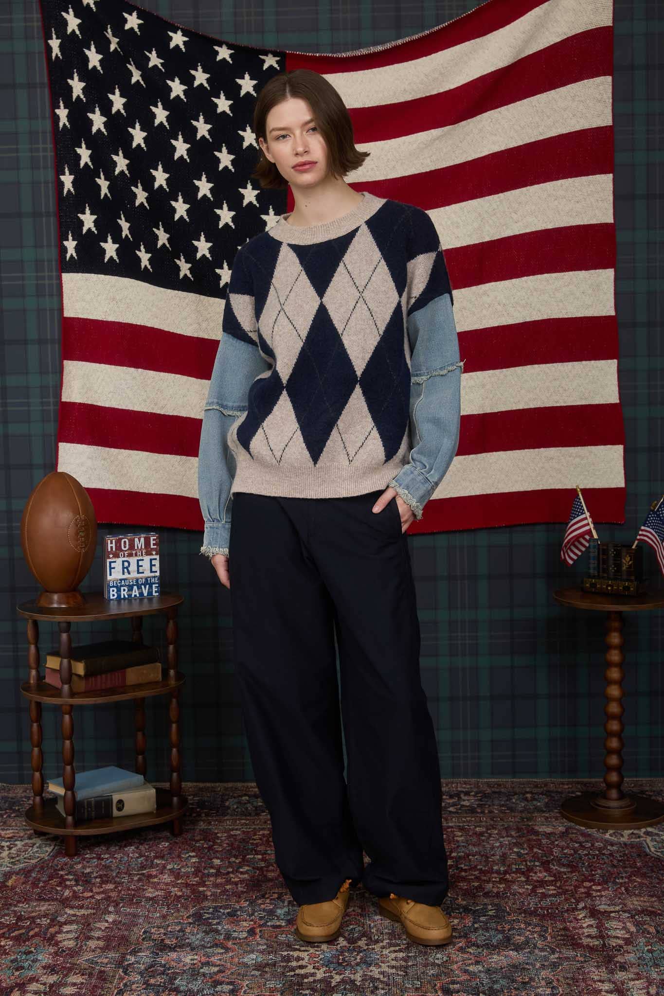 Blu Pepper – Engroshandel Pullover - Dame – ARGYLE STRIKTRØJE MED SLIDTE DENIMÆRMER11