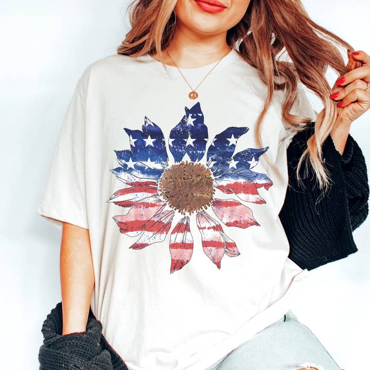 Camiseta gráfica vintage de flores con bandera floral de EE. UU. para venta al por mayor de Par.tees by Party On!