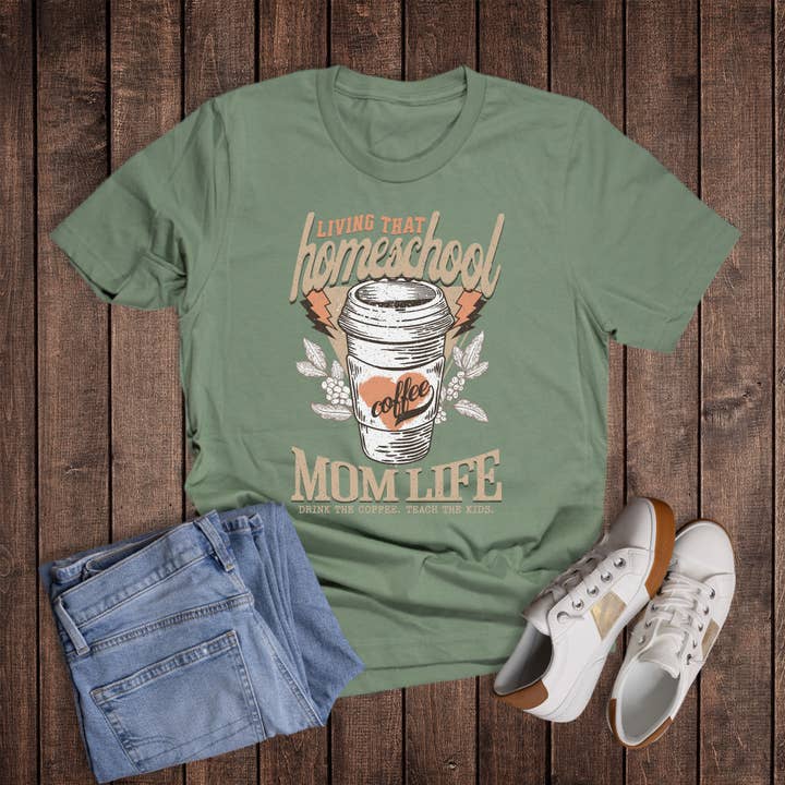 Homeschool Mom Life Coffee Teach Graphic Tee for wholesale by Dust and Roots