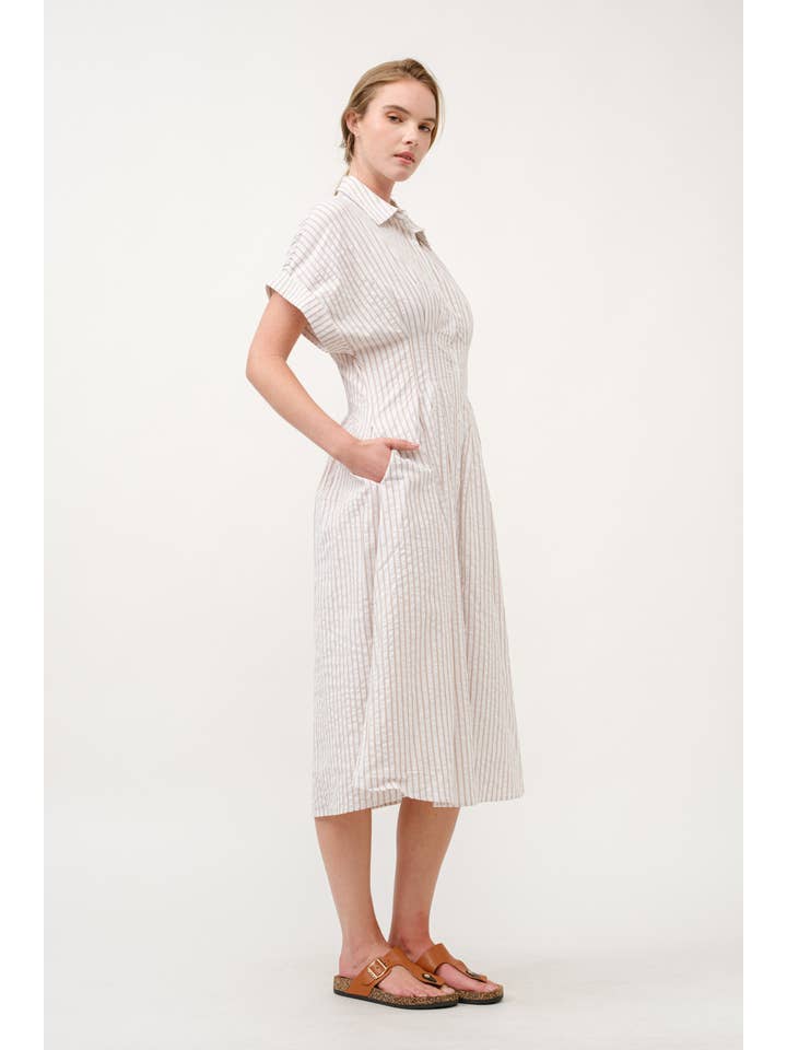 AIBLEE - Vendita all'ingrosso Vestito - Donna - Abito Midi a Righe con Colletto e Bottoni - TAPUE10