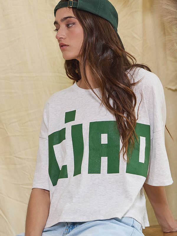 H grey Red T1754D 'CIAO' Graphic Jersey Boxy Crop Top for wholesale on Faire2