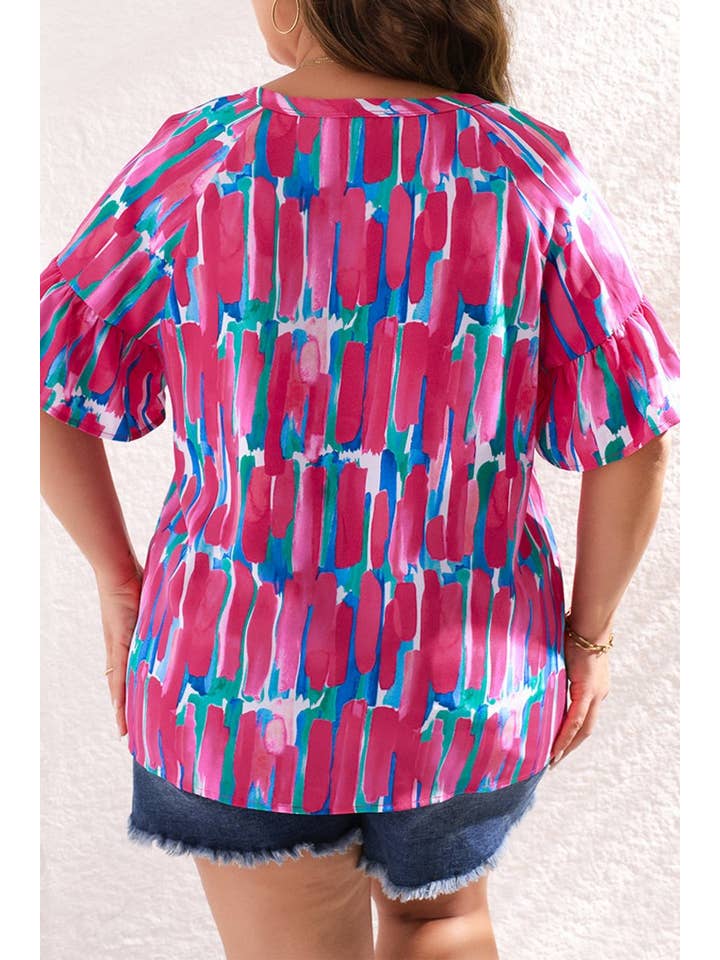 Rose Abstract Ruffle Sleeve Buttoned Blouse Plus Size for wholesale on Faire
