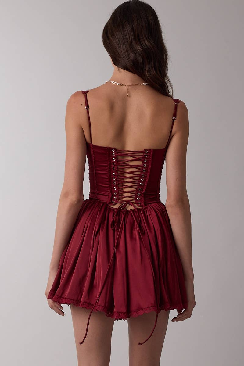 Sky to Moon - Wholesale Dress - Women's - SATIN CORSET SHAPE LACE TRIM FLARE MINI DRESS6