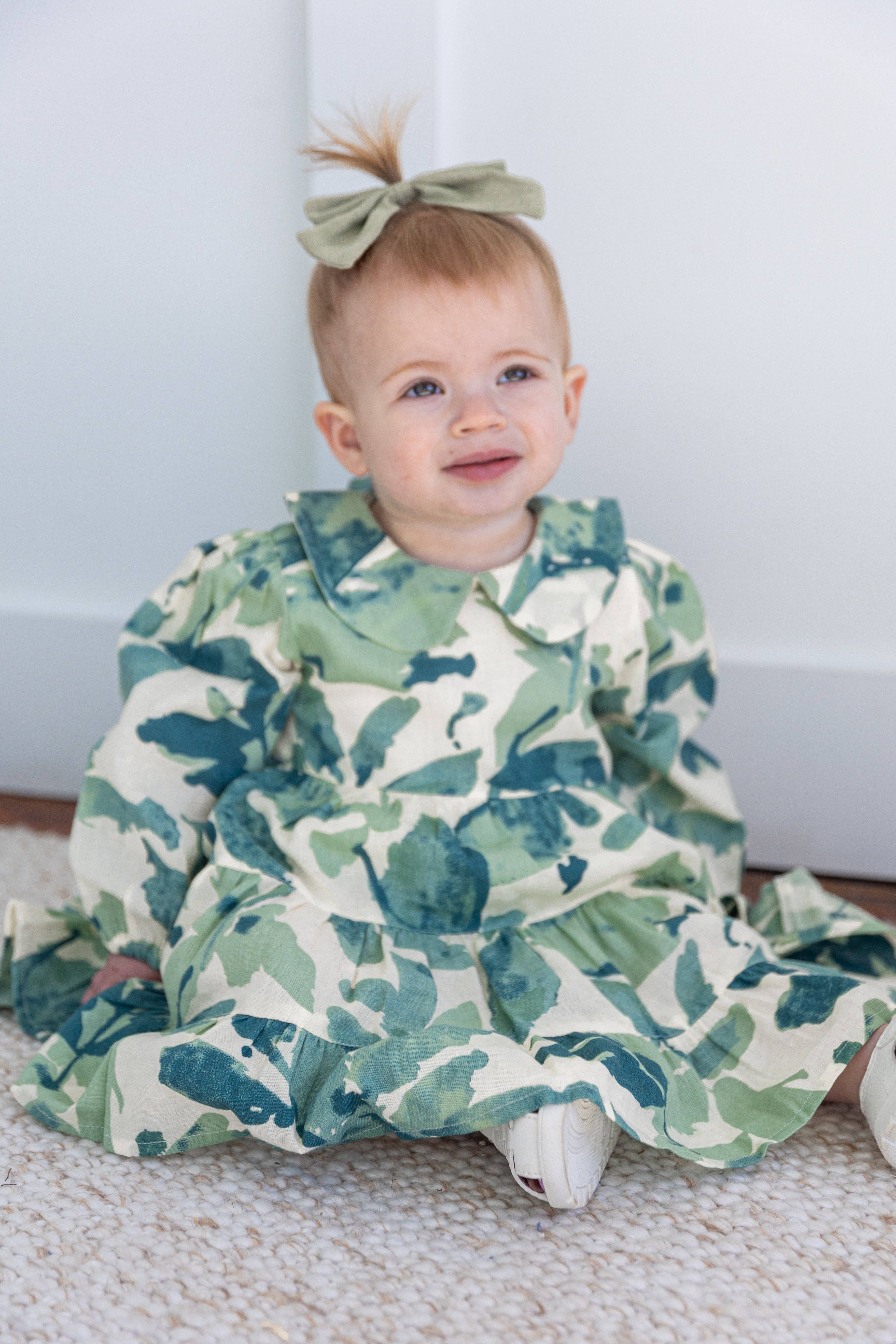 Yo Baby - Wholesale Dress - Kids - Sage-Green Leaf Printed Peter Pan Collar Tiered Long Sleeve Dress2