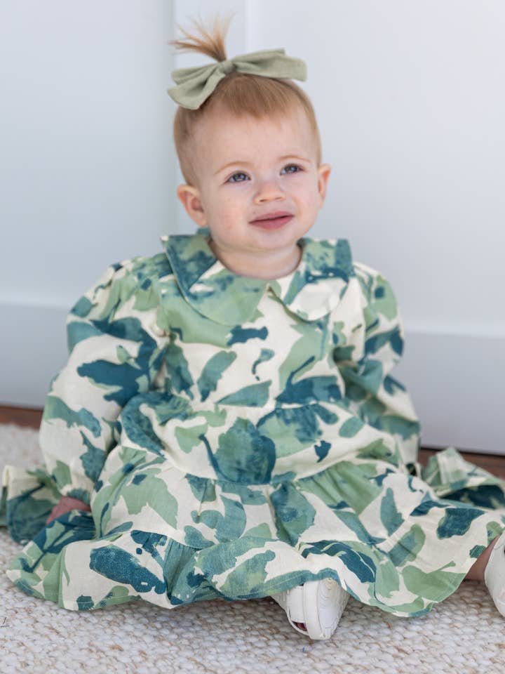 Yo Baby - Wholesale Dress - Kids - Sage-Green Leaf Printed Peter Pan Collar Tiered Long Sleeve Dress2