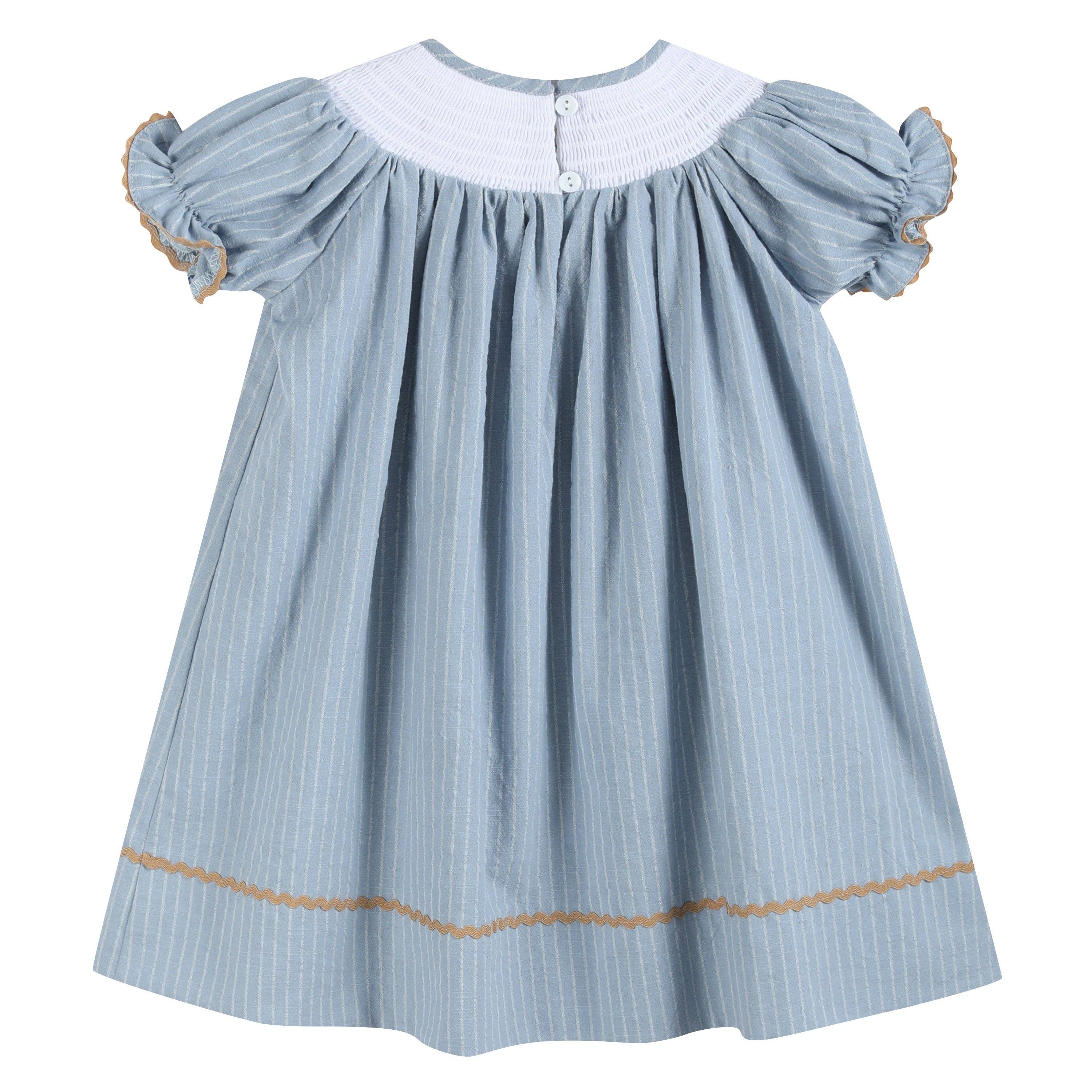Lil Cactus - Wholesale Dress - Kids - Light Blue Pinstripe Turkey Smocked Bishop Dress1