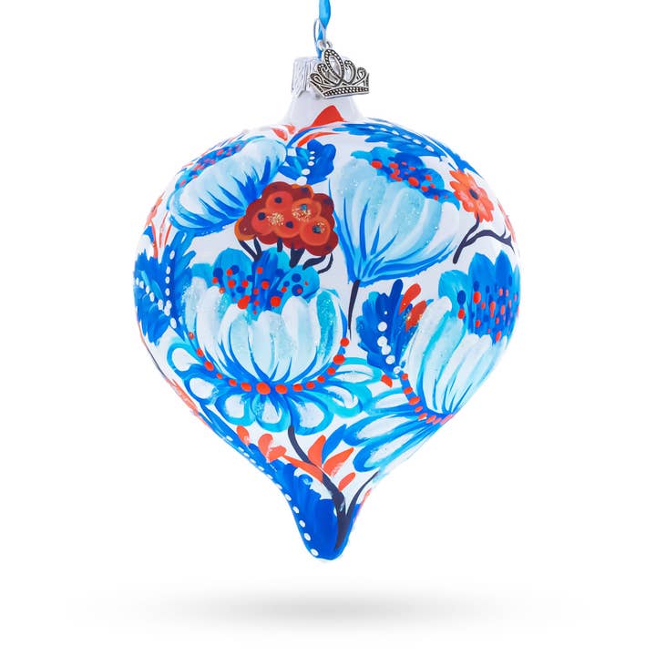 BestPysanky – wholesale Ornament – White and Blue Floral Blossom Onion-Shape Finial Glass Christmas Ornament1